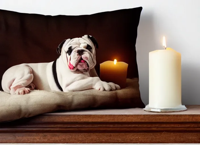 Image similar to a closup, 4 5 mm, portrait of a sleeping english bulldog on a pillow in a bed, candle light, 4 5 mm, by franz lanting