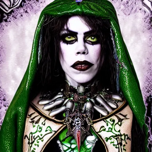 Prompt: close up portrait of fairuza balk as a high priestess necromancer in the style of chaos in warhammer 4 0 k, flowing robe, jewel encrusted chestplate, green black grey and white palette, lolth, dnd, character art