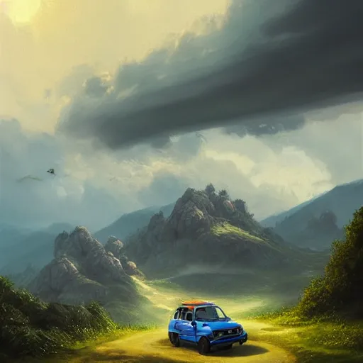 Image similar to blue fiat panda riding in mountains, dramatic light, clouds, artstation, hyper realistic, simon stalenhag