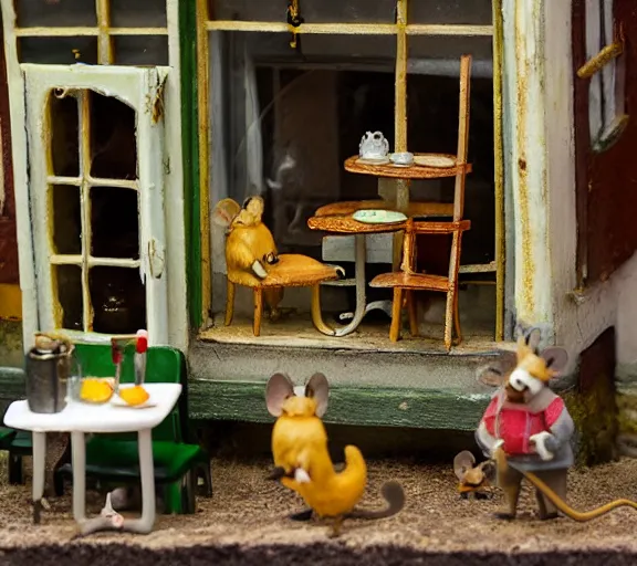 Prompt: macro photo, diorama of a miniature french restaurant for mice, interior