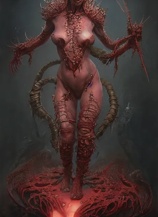 Prompt: a detailed full body portrait of the queen of blades, diablo 4 lilith, sideshow figurines, by tom bagshaw, dorian cleavenger, greg rutkowski, wlop, astri lohne, zdzisław beksinski trending on artstation