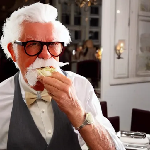 Prompt: colonel sanders eating in a michelin star french restaurant