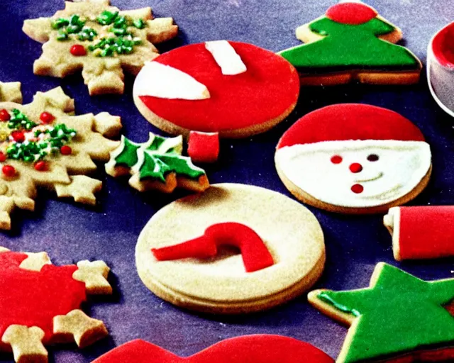 Image similar to 1970's cookbook color photograph of Christmas cookies sharp detail high detail