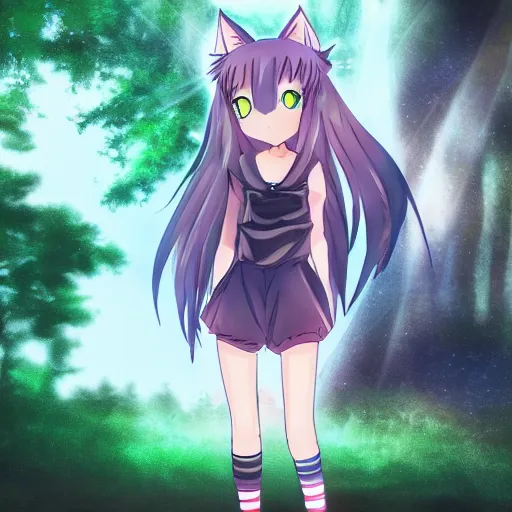 Image similar to anime catgirl spotted in forest, photograph at night with flash