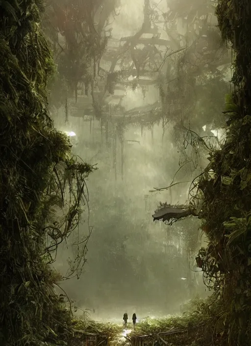 Prompt: decayed aircraft carrier USS Nimitz laying on the ground overgrown with vegetation and hanging vines, post appocalyptic, tropical forest, by Luis Royo, by Greg Rutkowski, dark, gritty, intricate, cover illustration, concept art, volumetric lighting, volumetric atmosphere, sharp focus, octane render, trending on artstation, 8k