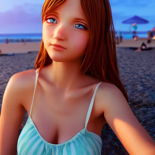 Image similar to Render of a very beautiful 3d anime girl, long hair, hazel eyes, cute freckles, full round face, short smile, cute sundress, golden hour, serene beach setting, medium shot, mid-shot, highly detailed, trending on Artstation, Unreal Engine 4k