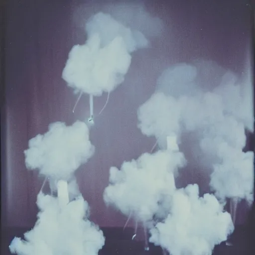 Image similar to polaroid of dancers that are made from cotton candy, smoke and clouds, wearing top hats. there is some diamonds suspended in air, beams of light disperse trough diamonds, prism-like