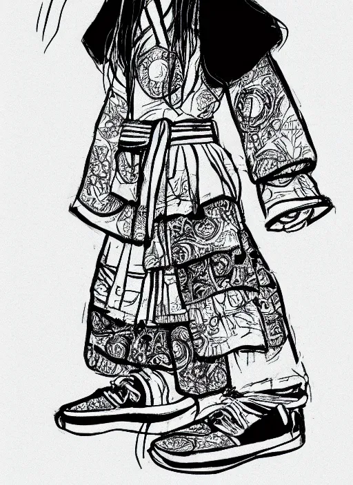 Prompt: a black and white rough sketch of a girl wearing traditional clothing of a japanese miko in the harajuku style wearing yeezy 5 0 0 sneakers