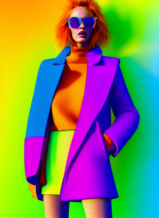 Image similar to stylish coat for a rave, bright colors, many details, prints, photo for a magazine, photo for a store, fashion photography, Vogue, 135 mm, cinematic, hyper realism, high detail, octane render, 8k, chrome accents, very coherent symmetrical artwork, perfect face model, full length photo, Upper and lower body, even skin tone