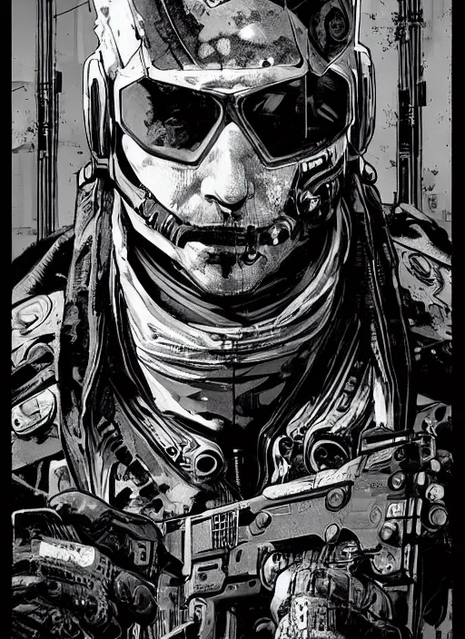 Image similar to cyberpunk blackops commander. night vision. portrait by ashley wood and alphonse mucha and laurie greasley and josan gonzalez and james gurney. spliner cell, apex legends, rb 6 s, hl 2, d & d, cyberpunk 2 0 7 7. realistic face. dystopian setting.