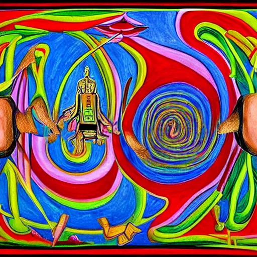 Image similar to A beautiful painting. Reality becomes illusory and observer-oriented when you study general relativity. Or Buddhism. Or get drafted. by Silvestro Lega, by Paul Laffoley expressive, expressive