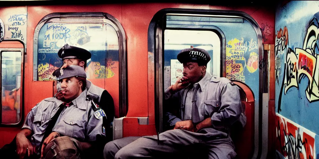 Image similar to new york subway cabin 1 9 8 0 s inside all in graffiti, policeman closeup, coloured film photography, christopher morris photography, bruce davidson photography