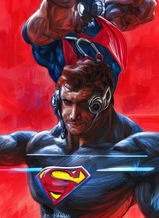 Image similar to portrait of crossfit bodybuilder fitness sprinter superman!, futuristic detailed cyberpunk costume, red and black costume!!!, painted art by tsuyoshi nagano, greg rutkowski, artgerm, alphonse mucha, spike painting