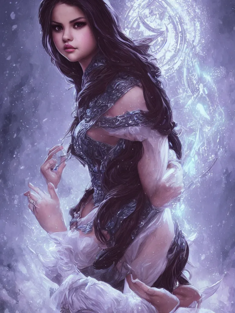 Image similar to Selena Gomez casting an frost spell, D&D, fantasy, intricate, elegant, highly detailed, digital painting, artstation, concept art, matte, sharp focus, illustration, hearthstone, art by Artgerm and Greg Rutkowski and Alphonse Mucha