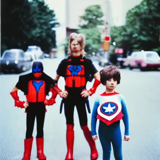 Prompt: a group of kids wearing superhero-outfits, photography 1980 kodak cam