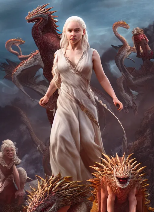 Prompt: emilia clarke as queen daenerys stormborn with her dragons, by michael whelan, detailed matte painting, 8 k resolution