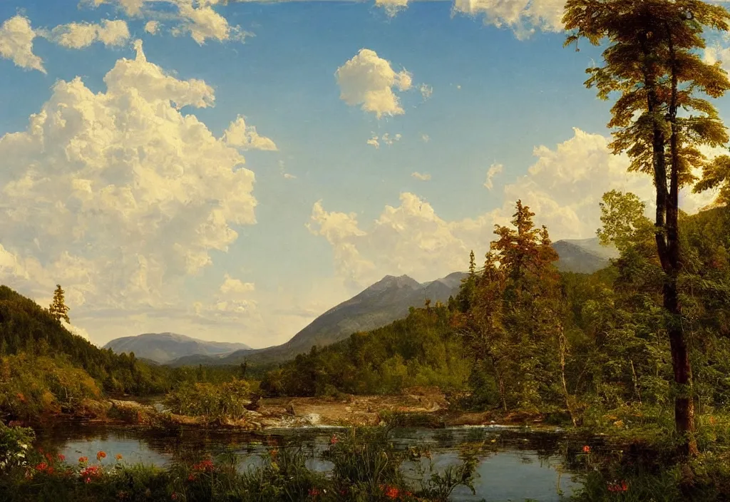 Prompt: a northen american landscape painting of a lake surrounded by trees and some mountains in the distance and a waterfall right beside the lake, perfect spring day with beautiful white clouds, colorful wildflowers, painting by frederic edwin church, early morning light