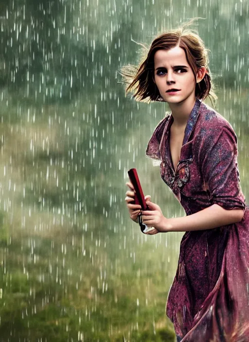 Image similar to Emma Watson for Victorian Secret, perfect face, hot summertime dancing hippie in the rain, full length shot, XF IQ4, 150MP, 50mm, f/1.4, ISO 200, 1/160s, natural light, Adobe Photoshop, Adobe Lightroom, DxO Photolab, Corel PaintShop Pro, rule of thirds, symmetrical balance, depth layering, polarizing filter, Sense of Depth, AI enhanced