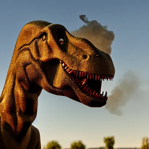 Image similar to dinosaur smoking a cigarette realistic 8 k hdr 3 5 mm