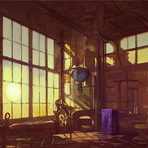 Prompt: painting of syd mead artlilery scifi bathroom with ornate metal work lands on a farm, volumetric lights, purple sun, andreas achenbach