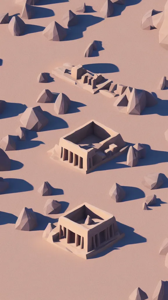 Prompt: matte 3 d low poly scene of a desert temple, lat lighting, isometric perspective on tropical beach background, soft shadows, 3 d render, raytracing,