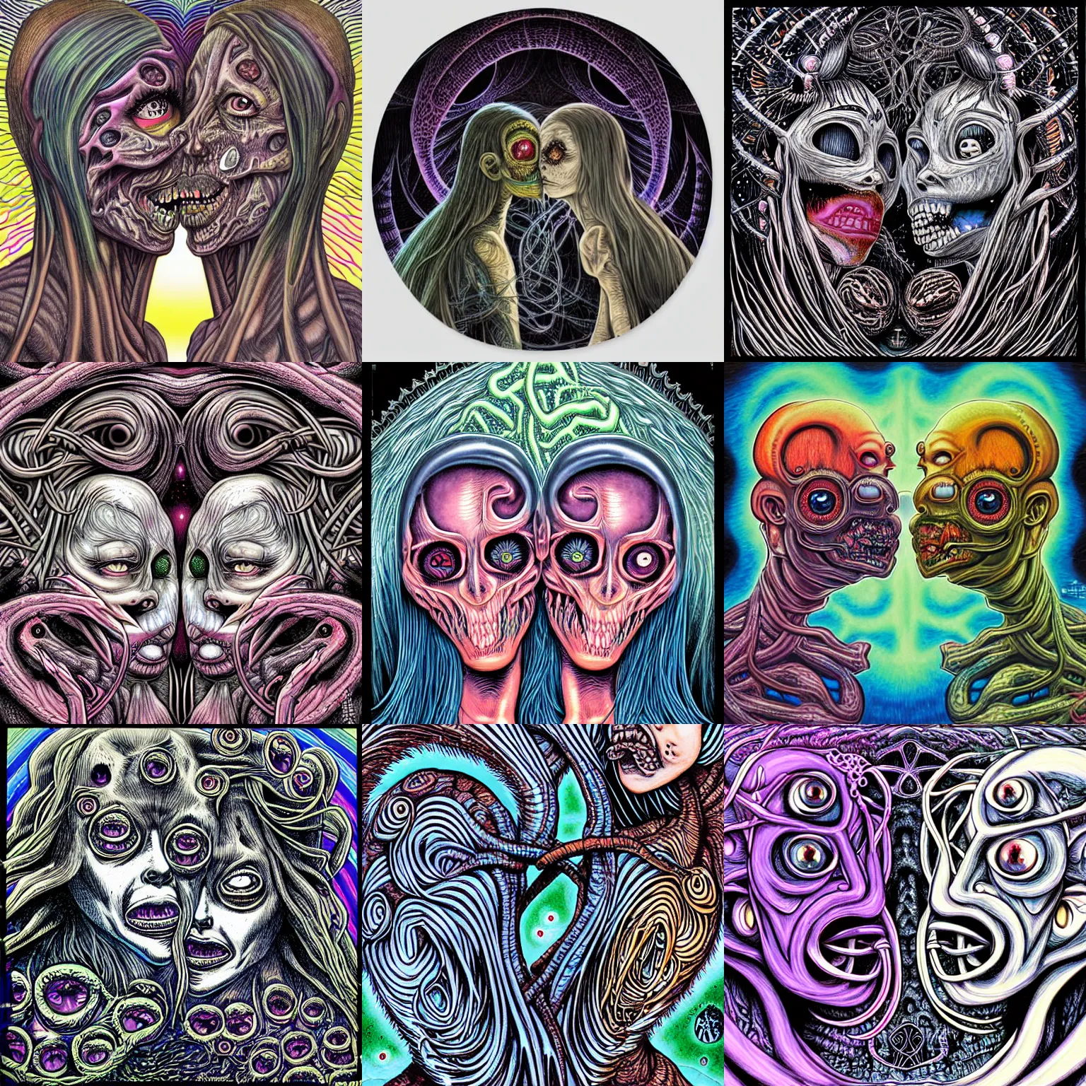 Prompt: two adorable, intertwined, Eldritch, women abominations of unimaginable horror kissing each other close-up by Alex Grey and H.R. Giger, speculative evolution, horror manga, psychedelic illustration, sticker illustration