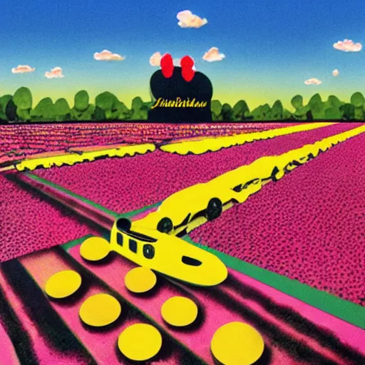 Image similar to strawberry fields forever and a yellow submarine floating in the sky ,