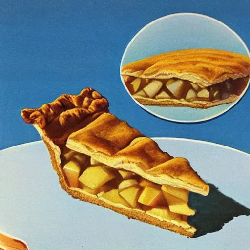 Prompt: 1 thick slice of apple pie floating on a blue background, 3 / 4 view, whole slice, golden crust, chesley bonestell, vincent di fate