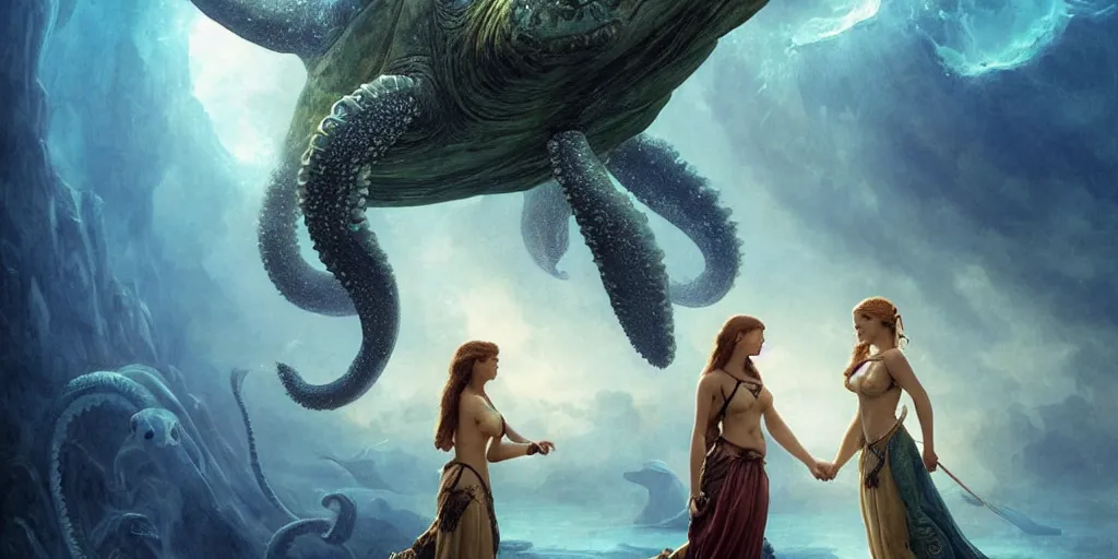 Image similar to Fantasy fairytale story, Great Leviathan Turtle, cephalopod, Cthulhu Squid, Mysterious Island, center Universe, accompany hybrid, Cory Chase, Blake Lively, Anya_Taylor-Joy, Grace Moretz, Halle Berry, Mystical Valkyrie, Anubis-Reptilian, Atlantean Warrior, intense fantasy atmospheric lighting, hyperrealistic, William-Adolphe Bouguereau, François Boucher, Jessica Rossier, Michael Cheval, michael whelan, Cozy, hot springs hidden Cave, Forest, candlelight, natural light, lush plants and flowers, Spectacular Mountains, bright clouds, luminous stellar sky, outer worlds, Solar Flare Unreal Engine, HD,