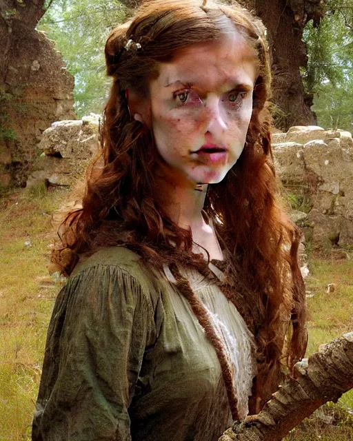 Image similar to a well - lit, realistic portrait painting of a thoughtful girl resembling a young, shy, redheaded irish alicia vikander or millie bobby brown wearing peasant dress in moss - covered ancient stone ruins at sunset, highly detailed, intricate, concept art, artstation, by donato giancola, ron cobb, and william adolphe bouguereau