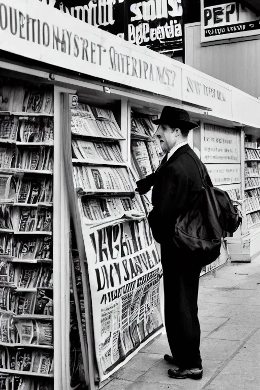 Image similar to a 5 0's detective, buying newspaper at the newsstand