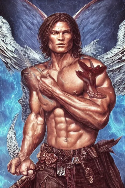 Image similar to muscular Sam Winchester as an angel with religious tattoos on chest and neck, with glowing runes on the body, urban fantasy book cover style, D&D dark fantasy style, sharp focus, ultra detailed, art by Artgerm and Peter Andrew Jones, Karol Bak, Ayami Kojima, Amano and Olivier Ledroit