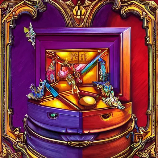 Image similar to a beautiful and vivid and colorful andreas rocha illustration of an engraved, enjeweled wooden pandora's box opening.