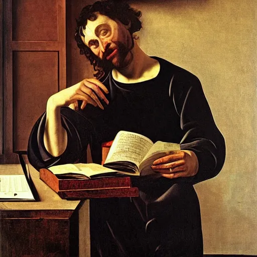 Image similar to man working from home in his pajamas, painting by caravaggio
