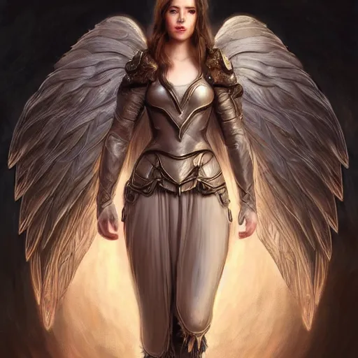 Image similar to portrait of young aasimar angel girl maiden wearing comfy leather armor with beautiful feathered angel wings, Alison Williams, innocent, intricate, elegant, highly detailed, digital painting, artstation, concept art, smooth, sharp focus, illustration, art by artgerm and greg rutkowski and alphonse mucha