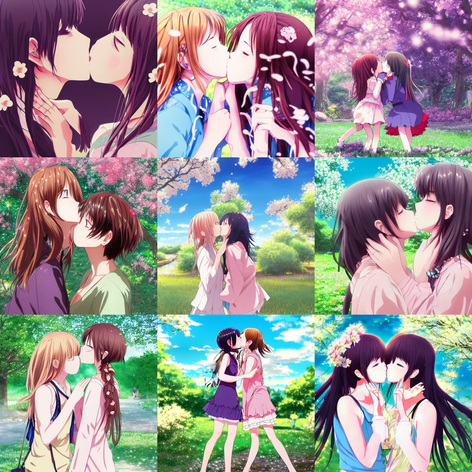 Prompt: A two girls kissing, manga key visual, beautiful, spring vibes, wallpaper 4K, pixiv, official media