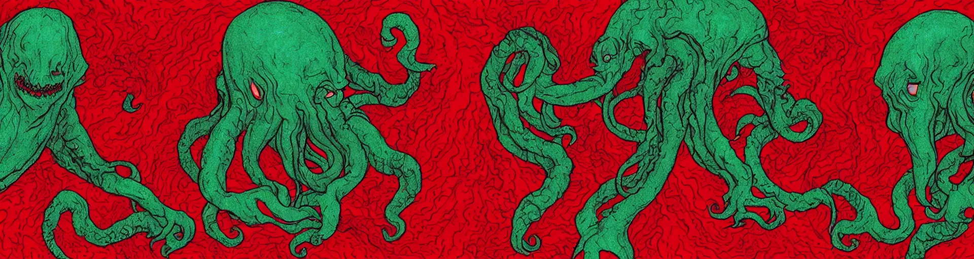 Image similar to shape-shifting Cthulhu lost inside the red room from Twin Peaks while David Lynch laughs in the background, fractal tile, Bob, mike judge art style, 90s mtv illustration