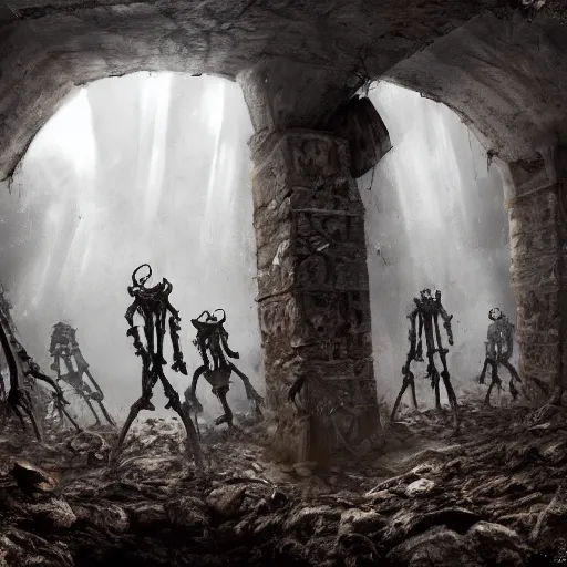 Image similar to 5 living undead skeletons emerging from a pile of brown shit and dirt in the bottom of a very dark well. swords in their hands. circular room. stone walls. bright runic symbols in wooden doors. wide angle. trending on artstation, craig mullins, gopro lens.