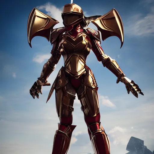 Image similar to picture of metal armored valkyrie, crimson plated, sword and shield, golden wings, divine vibes, light brown hair, white skin, shiny golden eyes, sky background, sharp focus, highly detailed, cinematic lighting, studio quality, smooth render, unreal engine 5 rendered, octane, rendered