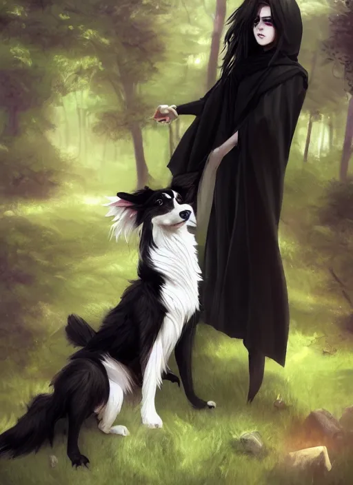 Image similar to beautiful wide angle full body portrait of a cute male anthropomorphic anthro border collie fursona wearing black robes in a park, character design by charlie bowater, henry asencio, and ross tran, scenic background, detailed, glamor pose, solo, aesthetic, trending on artstation, furaffinity, deviantart