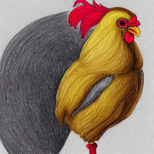 Image similar to A chicken knitting a scarf, color drawing