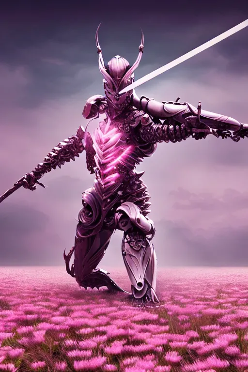 Image similar to illustration cinematic cyborg dragon yielding katana in a field of pale pink flowers, highly detailed smooth digital art masterpiece, vitaly bulgarov dramatic light, ground angle uhd 8 k, sharp focus