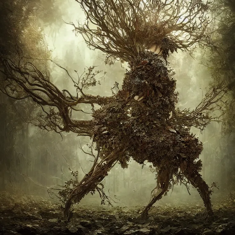 Prompt: glass collage of lomography shot of a realistic cataphract fierce tree made of leaves, headdress, depth of field, dusty, dramatic light, dystopian environment, intricate, highly detailed, artstation, sharp focus, artgerm, tomasz alen kopera, peter mohrbacher
