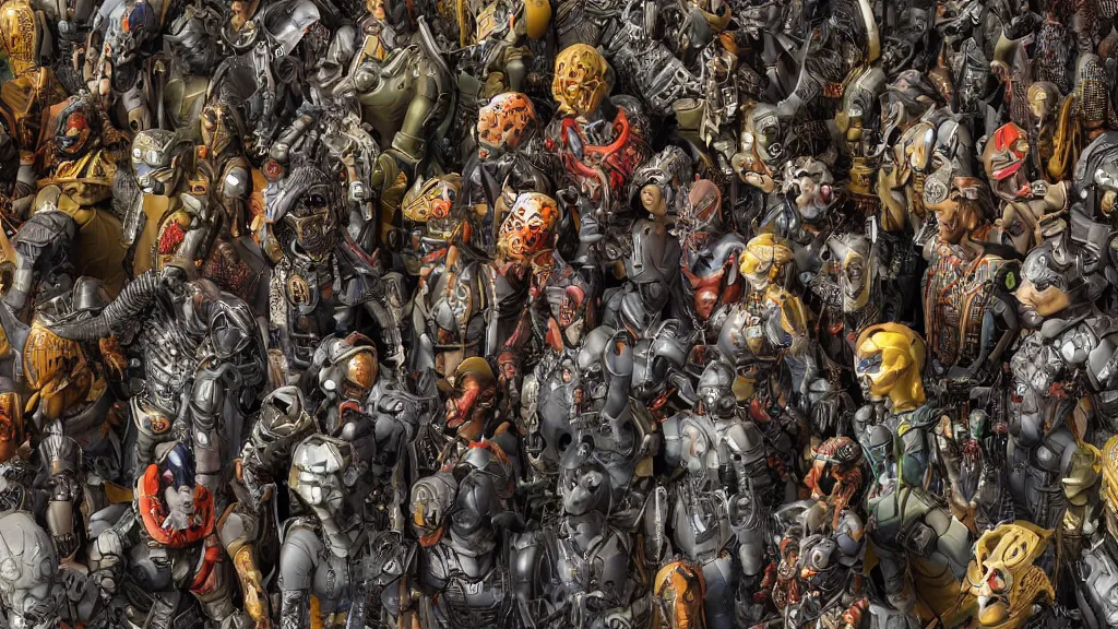 Prompt: army of intricately detailed cyborgs with african masks, super hero poses, armed for war, lots of thick long braids and electrical cables, colorful - patterns, cyber - punk background, professional studio lighting with subtle shadows, hyper realism, art by tim okamura and karol bak, low angle camera, cinematic shot, blender cycles render, 8 k