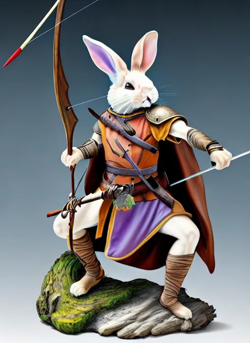 Image similar to a porcelain figurine of a heroic rabbit crossbowman, redwall, lisa frank and greg rutowski and jean baptiste monge, very detailed, epic fantasy concept art