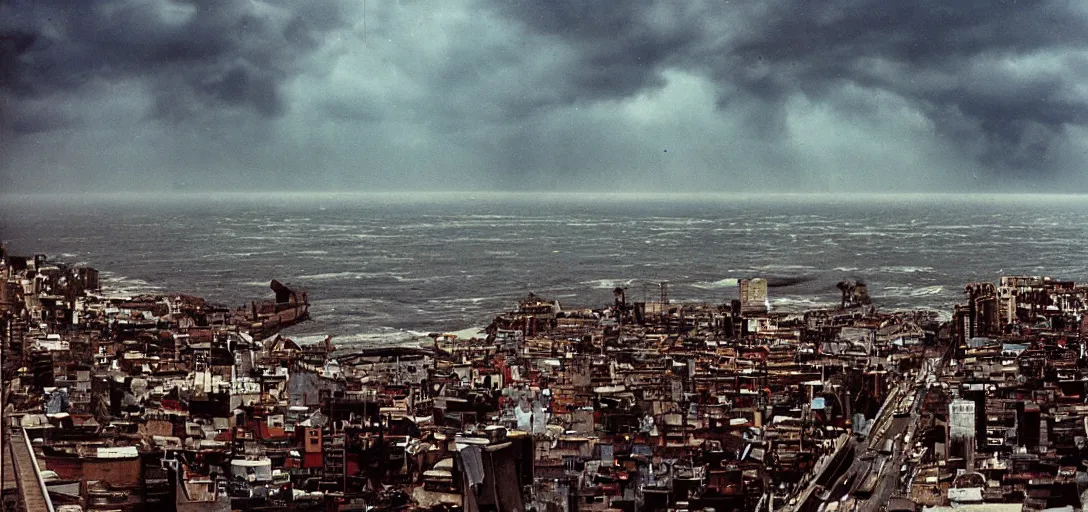 Image similar to apocaliptic Portrait of the city of Mar del Plata with a offshore oil dripping , crowd of sudamericans lions sea, by stephen Shoreand Arthur Adams , epic composition 35mm, 8k