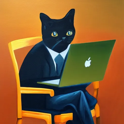 Image similar to painting of a cat in a business suit, sitting in a chair and using a laptop