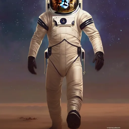 Prompt: an lion wearing a astronaut outfit,character design by charlie bowater, ross tran, artgerm, and makoto shinkai, detailed, inked, western comic book art, 2021 award winning painting,digital art,ultra realistic,ultra detailed,art by greg rutkowski,photorealistic,hyperdetailed,relaxed