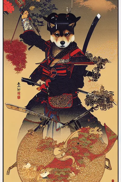 Prompt: poster of a shiba inu as a samurai, by yoichi hatakenaka, masamune shirow, josan gonzales and dan mumford, ayami kojima, takato yamamoto, barclay shaw, karol bak, yukito kishiro
