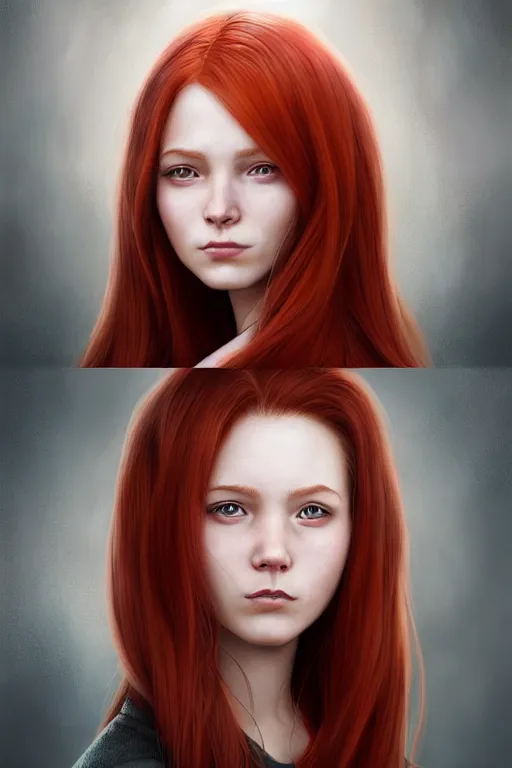 Prompt: ultra realistic style illustration of a cute red haired young woman with a smirky face, 1 9 year old, headshot, sci - fi, fantasy, intricate, elegant, digital painting, artstation, concept art, smooth, sharp focus, illustration, 8 k frostbite 3 engine, ultra detailed, art by artgerm and greg rutkowski and magali villeneuve